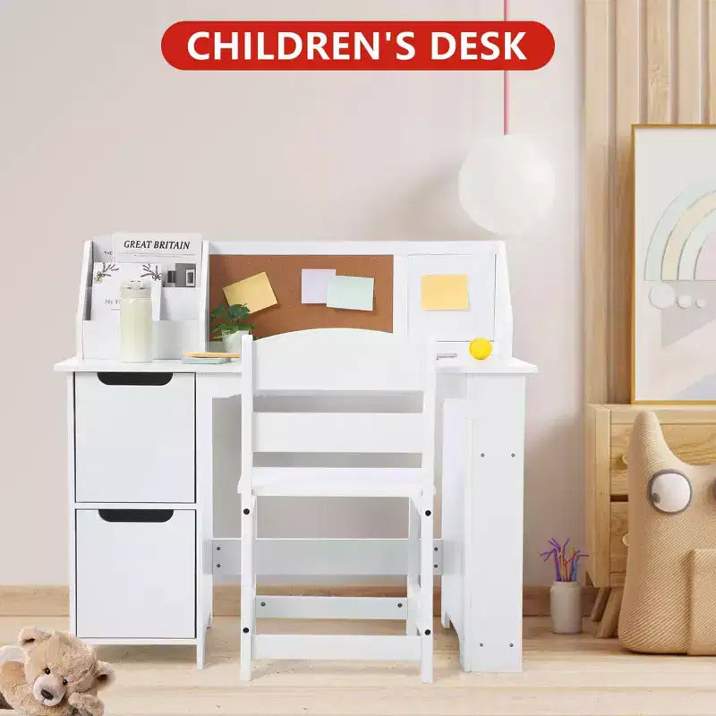 Set scrivania e sedia per bambini, tavolo da studio in legno con cassettiera e bacheca per casa/scuola