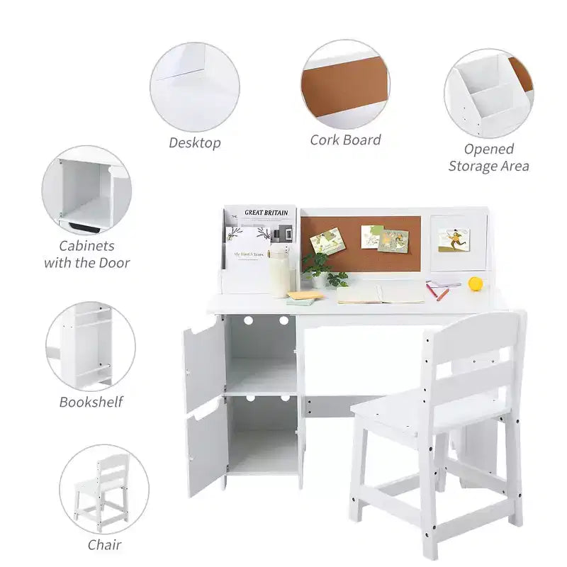 Set scrivania e sedia per bambini, tavolo da studio in legno con cassettiera e bacheca per casa/scuola