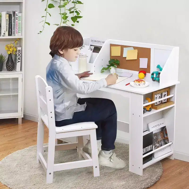 Set scrivania e sedia per bambini, tavolo da studio in legno con cassettiera e bacheca per casa/scuola