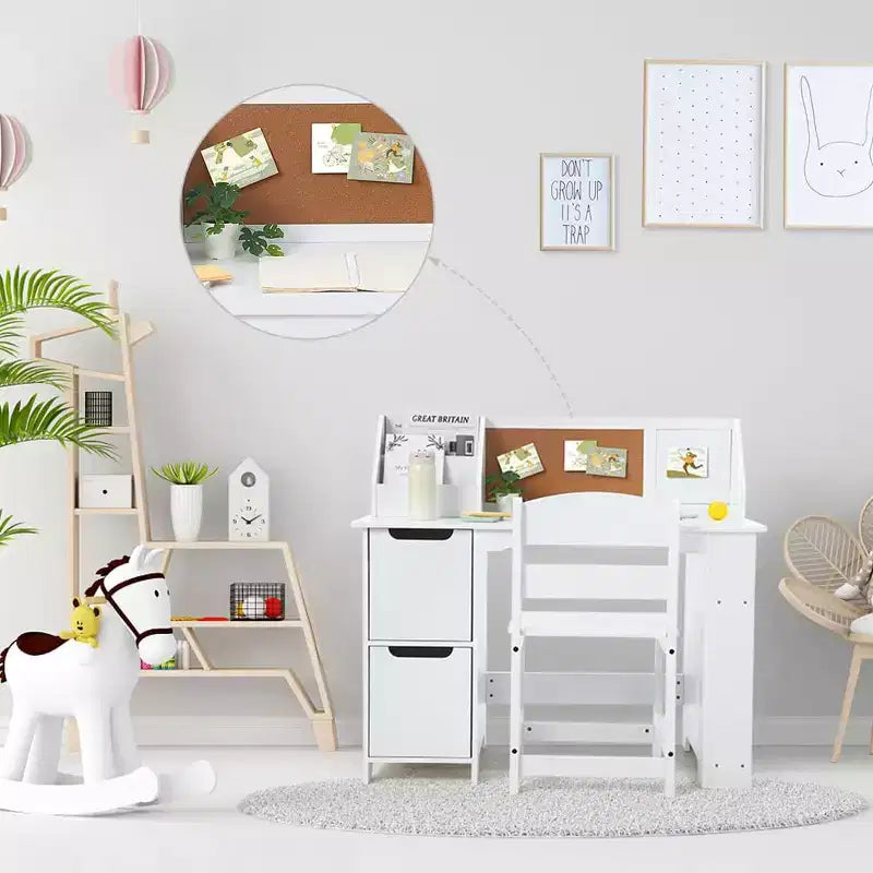 Set scrivania e sedia per bambini, tavolo da studio in legno con cassettiera e bacheca per casa/scuola