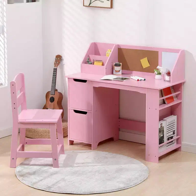 Set scrivania e sedia per bambini, tavolo da studio in legno con cassettiera e bacheca per casa/scuola
