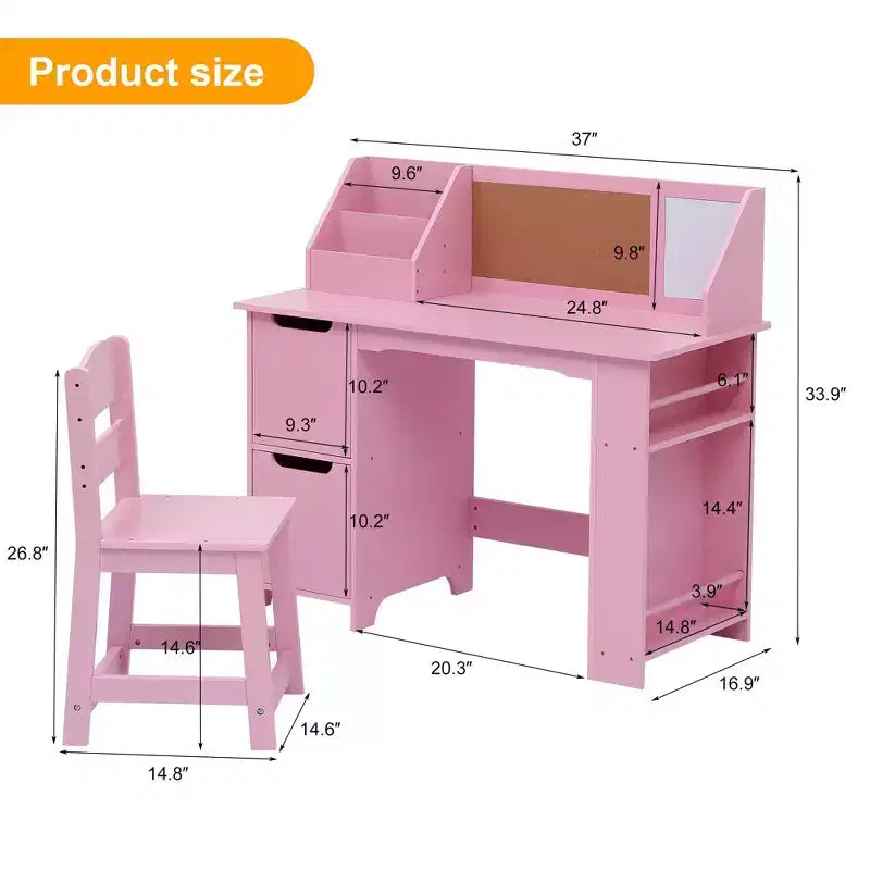 Set scrivania e sedia per bambini, tavolo da studio in legno con cassettiera e bacheca per casa/scuola