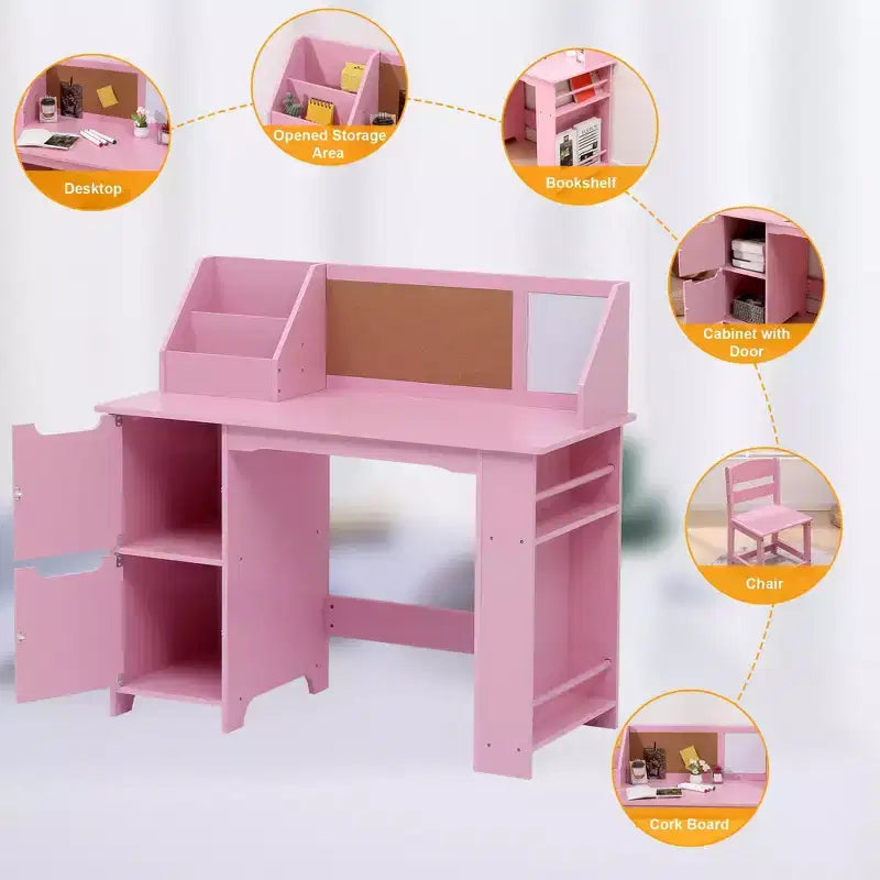 Set scrivania e sedia per bambini, tavolo da studio in legno con cassettiera e bacheca per casa/scuola