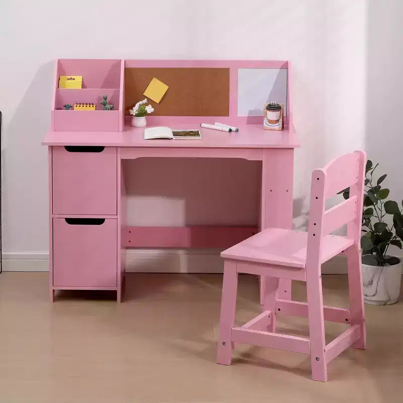 Set scrivania e sedia per bambini, tavolo da studio in legno con cassettiera e bacheca per casa/scuola