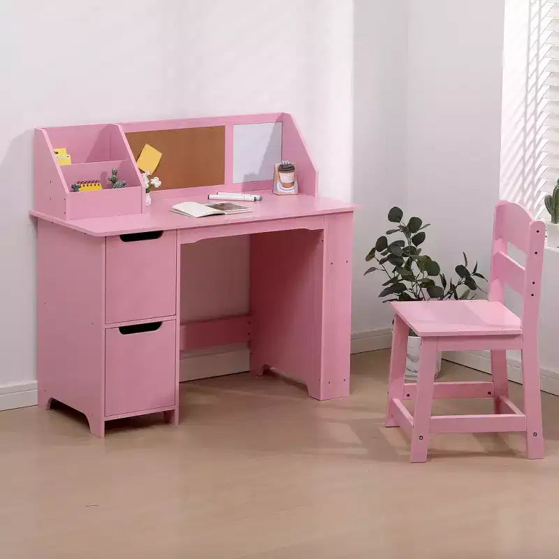 Set scrivania e sedia per bambini, tavolo da studio in legno con cassettiera e bacheca per casa/scuola