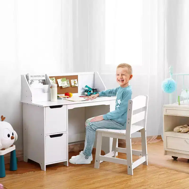 Set scrivania e sedia per bambini, tavolo da studio in legno con cassettiera e bacheca per casa/scuola