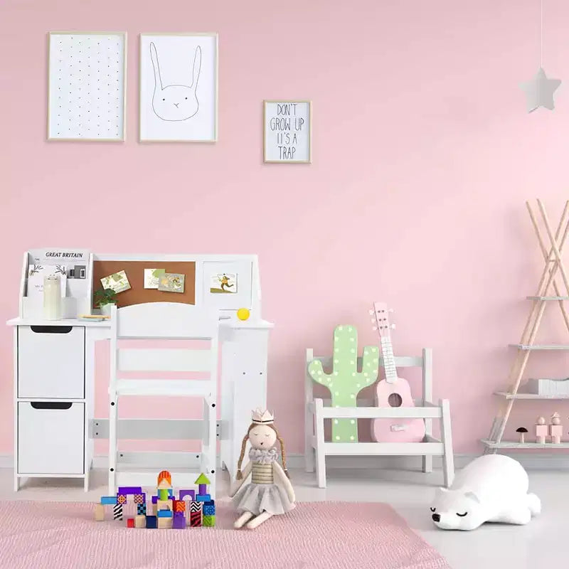 Set scrivania e sedia per bambini, tavolo da studio in legno con cassettiera e bacheca per casa/scuola