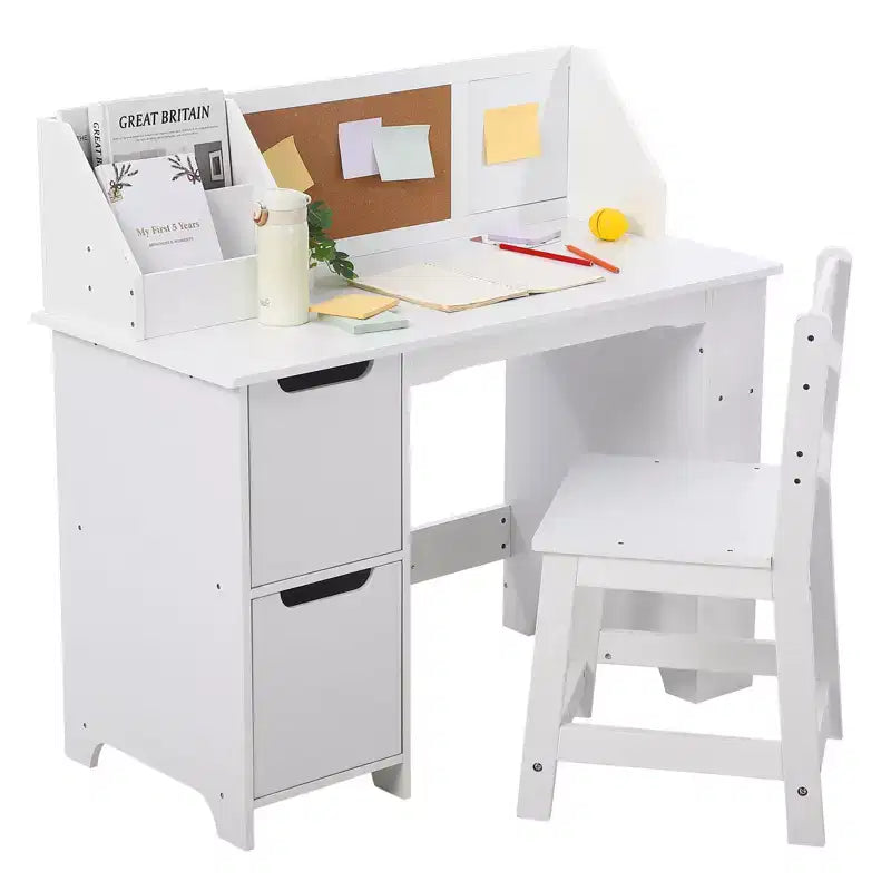 Set scrivania e sedia per bambini, tavolo da studio in legno con cassettiera e bacheca per casa/scuola