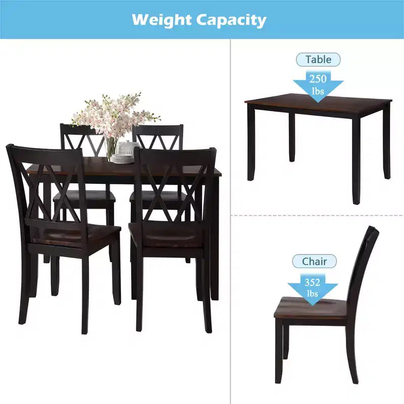 Set da pranzo 5 pezzi per 4 persone, tavolo da cucina rettangolare in legno con 4 sedie, set da pranzo stile rustico per cucina