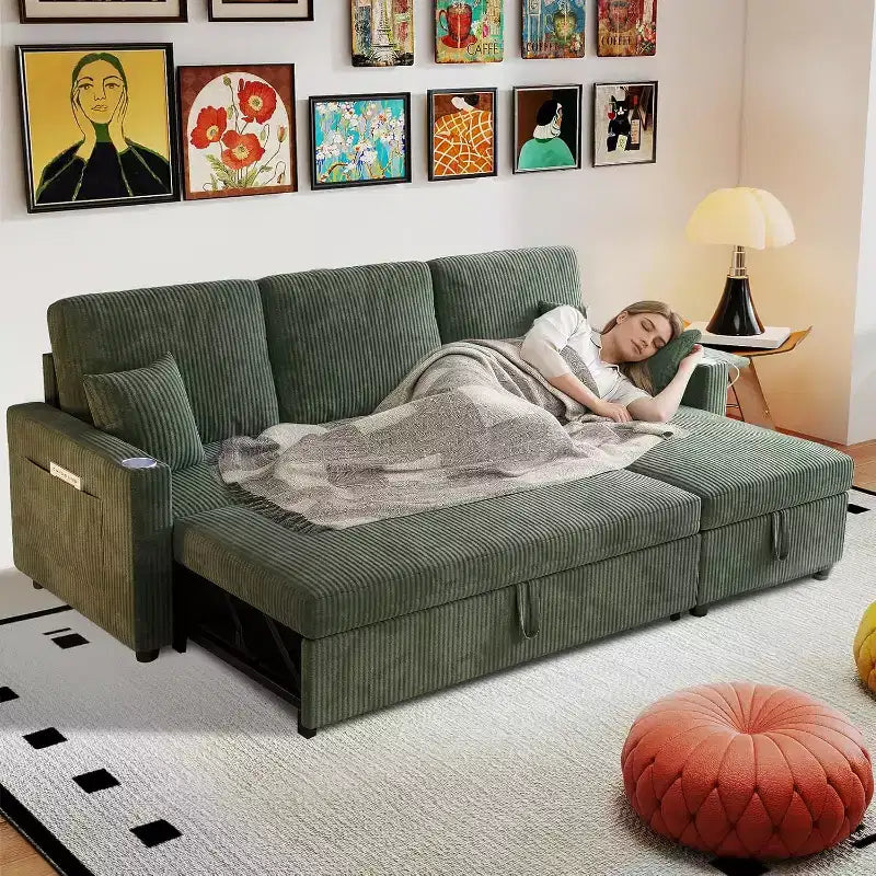 Divano letto convertibile 83 con contenitore e porta USB, divano a L 4 in 1 con letto estraibile, tavolino, portabicchieri, verde