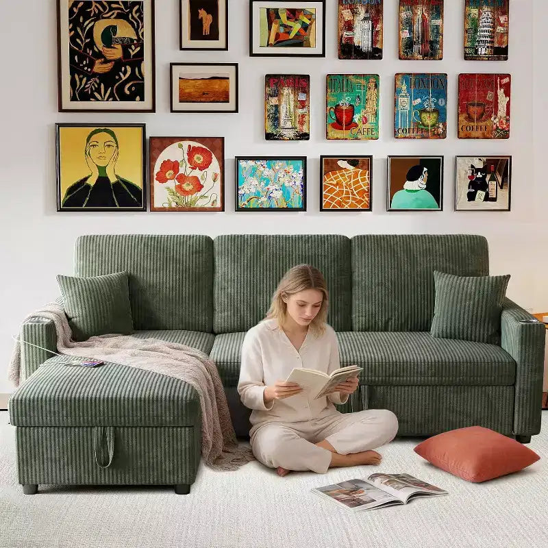 Divano letto convertibile 83 con contenitore e porta USB, divano a L 4 in 1 con letto estraibile, tavolino, portabicchieri, verde
