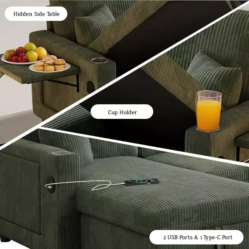 Divano letto convertibile 83 con contenitore e porta USB, divano a L 4 in 1 con letto estraibile, tavolino, portabicchieri, verde