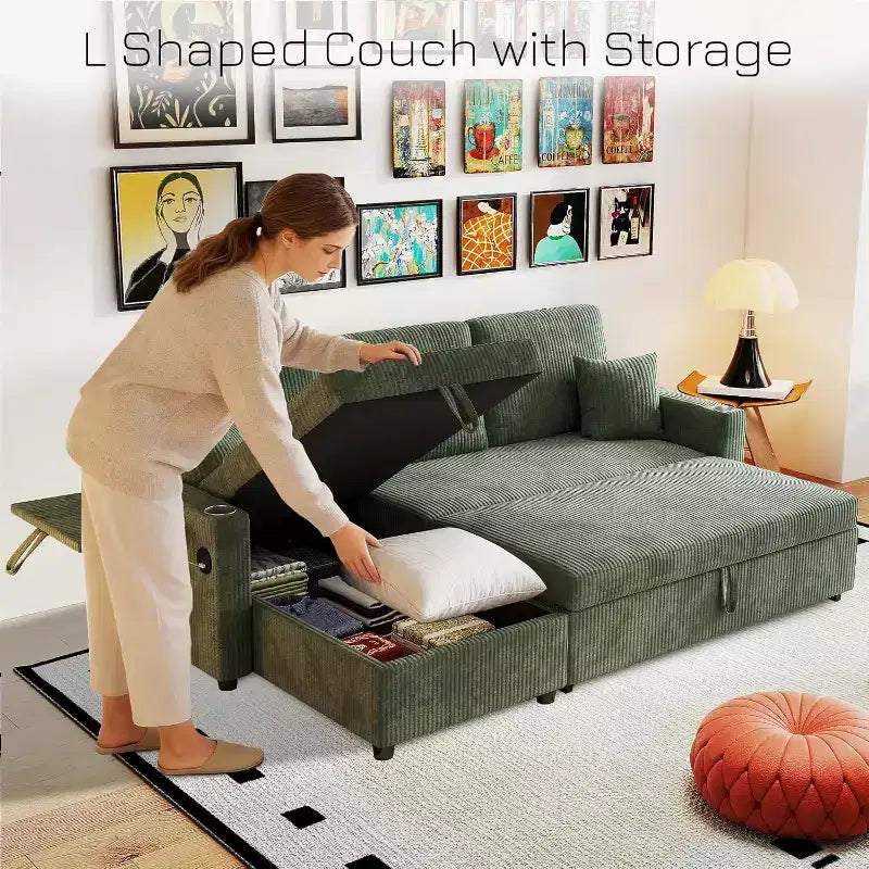 Divano letto convertibile 83 con contenitore e porta USB, divano a L 4 in 1 con letto estraibile, tavolino, portabicchieri, verde