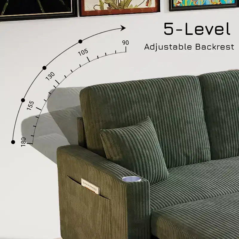 Divano letto convertibile 83 con contenitore e porta USB, divano a L 4 in 1 con letto estraibile, tavolino, portabicchieri, verde