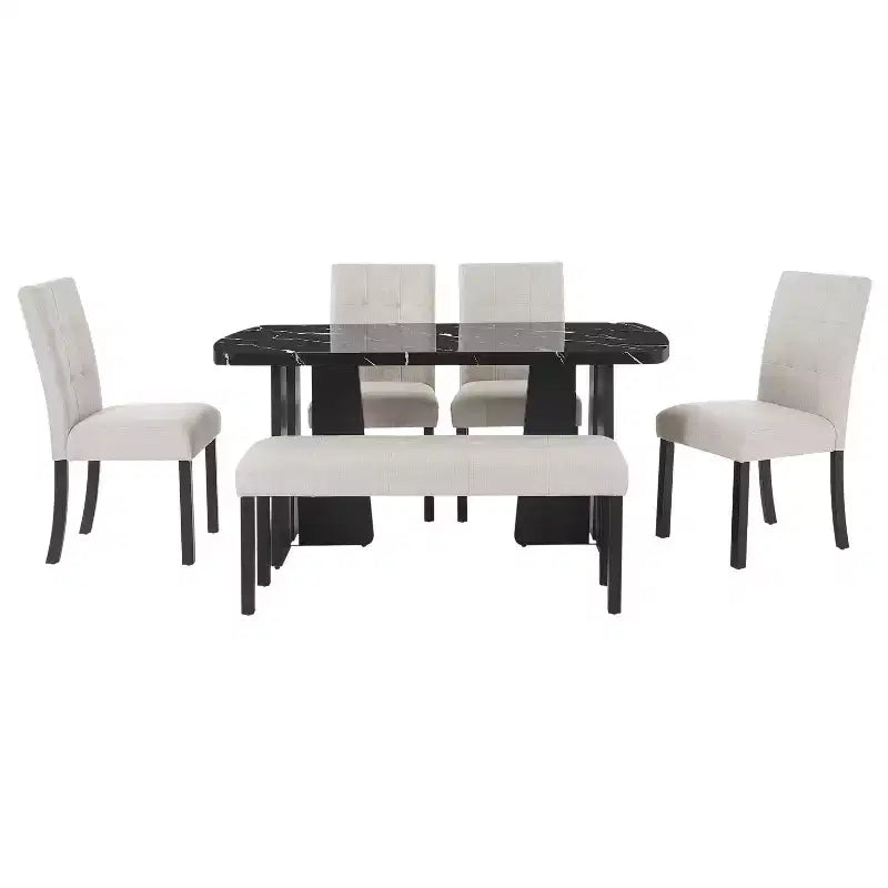 Set da Tavolo da Pranzo per 6 in Finto Marmo, Tavolo da Pranzo Rettangolare da 6 Pezzi con 4 Sedie Imbottite e 1 Panca per Sala da Pranzo