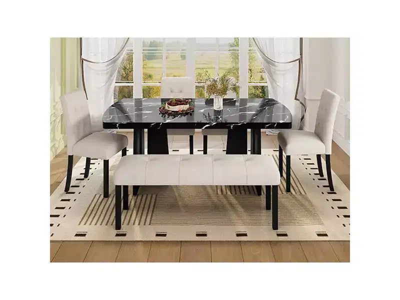 Set da Tavolo da Pranzo per 6 in Finto Marmo, Tavolo da Pranzo Rettangolare da 6 Pezzi con 4 Sedie Imbottite e 1 Panca per Sala da Pranzo