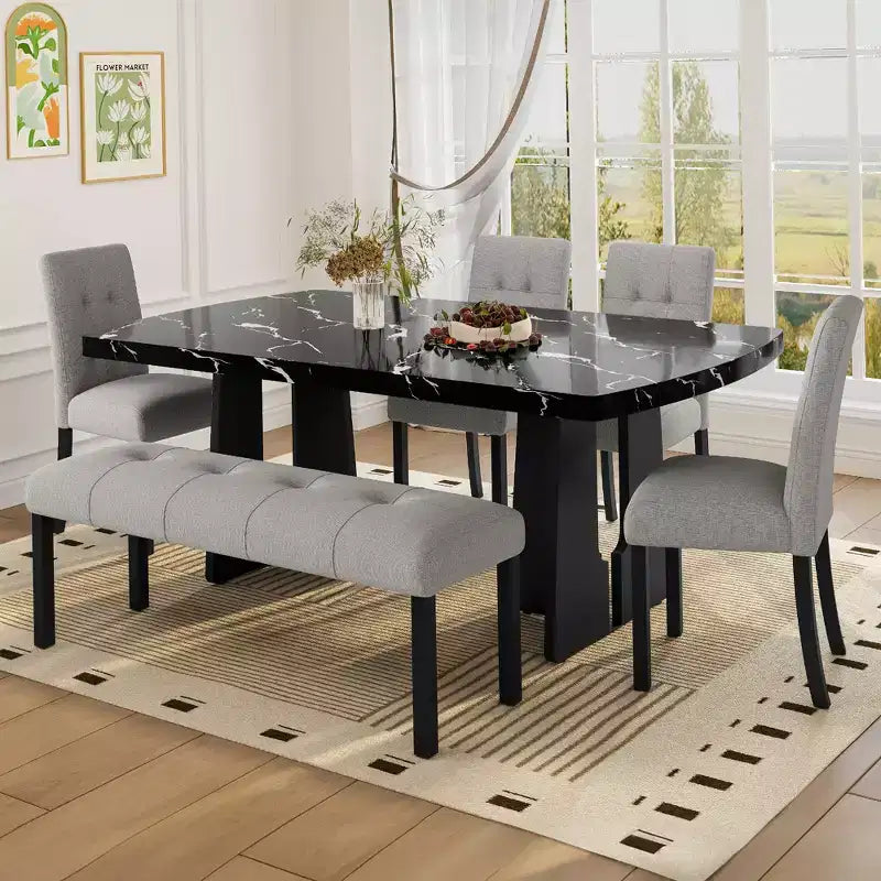 Set da Tavolo da Pranzo per 6 in Finto Marmo, Tavolo da Pranzo Rettangolare da 6 Pezzi con 4 Sedie Imbottite e 1 Panca per Sala da Pranzo