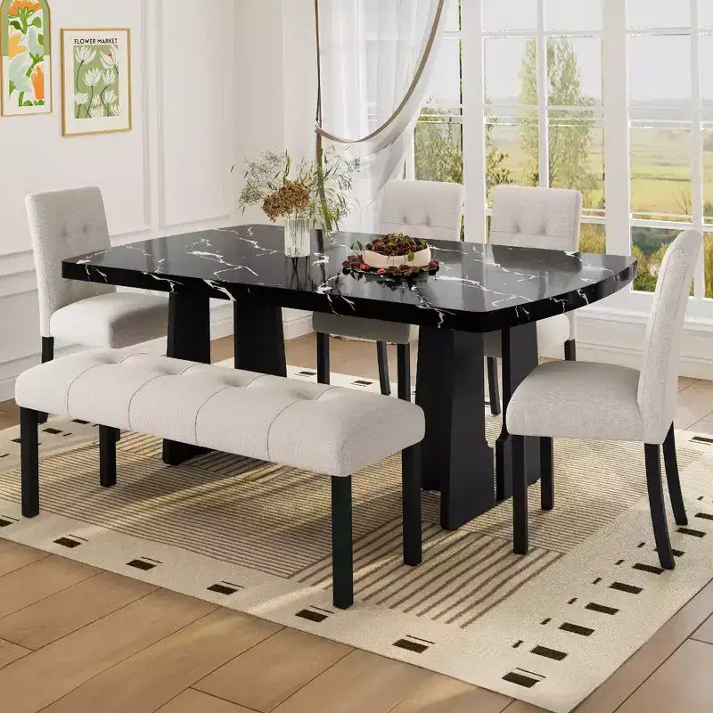 Set da Tavolo da Pranzo per 6 in Finto Marmo, Tavolo da Pranzo Rettangolare da 6 Pezzi con 4 Sedie Imbottite e 1 Panca per Sala da Pranzo