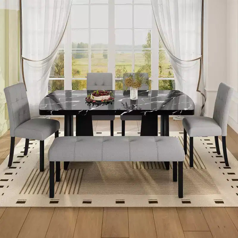 Set da Tavolo da Pranzo per 6 in Finto Marmo, Tavolo da Pranzo Rettangolare da 6 Pezzi con 4 Sedie Imbottite e 1 Panca per Sala da Pranzo