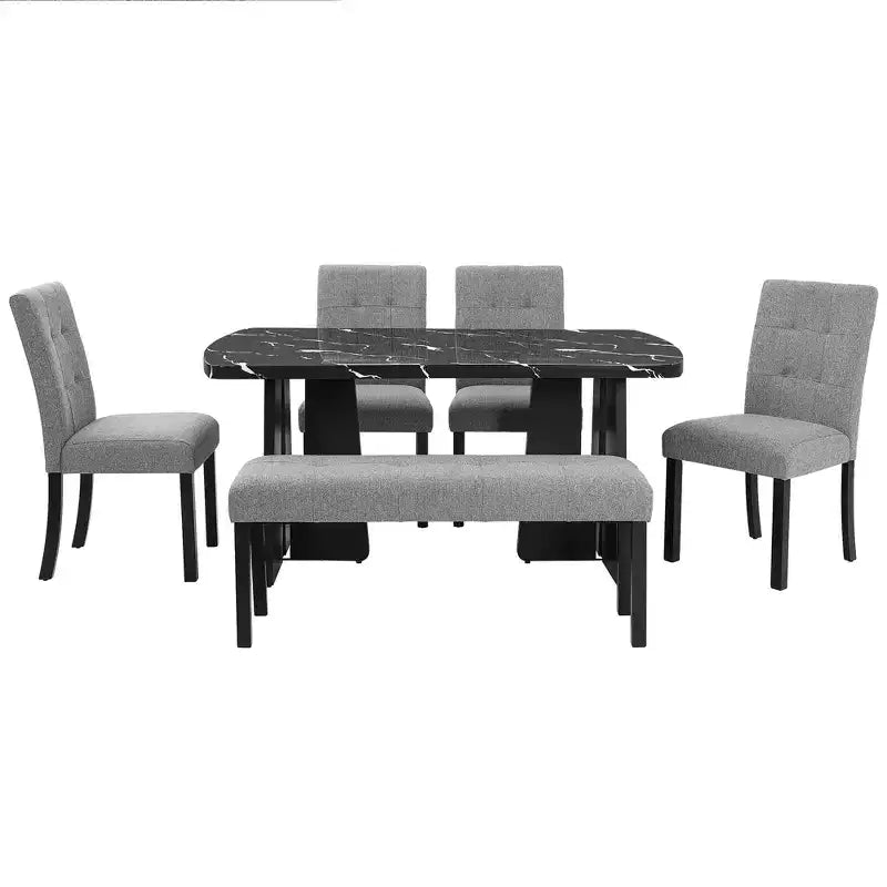 Set da Tavolo da Pranzo per 6 in Finto Marmo, Tavolo da Pranzo Rettangolare da 6 Pezzi con 4 Sedie Imbottite e 1 Panca per Sala da Pranzo