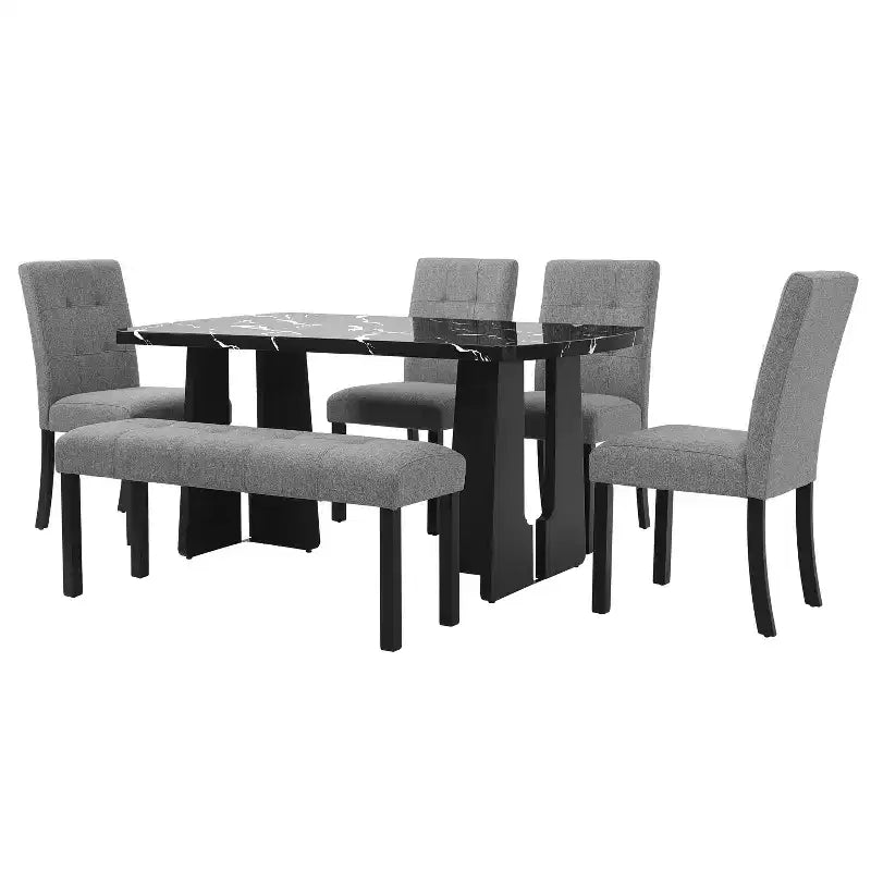 Set da Tavolo da Pranzo per 6 in Finto Marmo, Tavolo da Pranzo Rettangolare da 6 Pezzi con 4 Sedie Imbottite e 1 Panca per Sala da Pranzo
