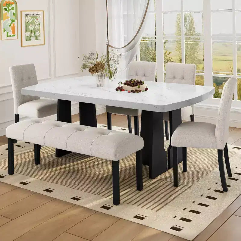 Set da Tavolo da Pranzo per 6 in Finto Marmo, Tavolo da Pranzo Rettangolare da 6 Pezzi con 4 Sedie Imbottite e 1 Panca per Sala da Pranzo