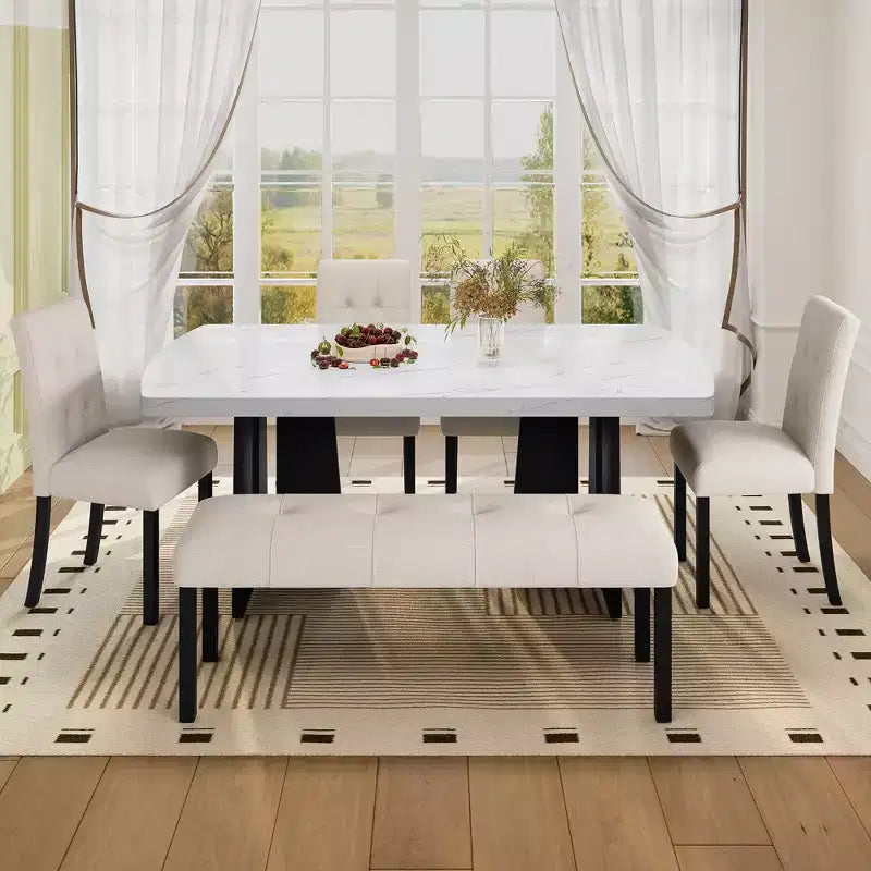 Set da Tavolo da Pranzo per 6 in Finto Marmo, Tavolo da Pranzo Rettangolare da 6 Pezzi con 4 Sedie Imbottite e 1 Panca per Sala da Pranzo