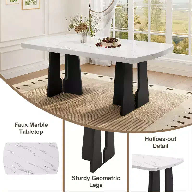 Set da Tavolo da Pranzo per 6 in Finto Marmo, Tavolo da Pranzo Rettangolare da 6 Pezzi con 4 Sedie Imbottite e 1 Panca per Sala da Pranzo