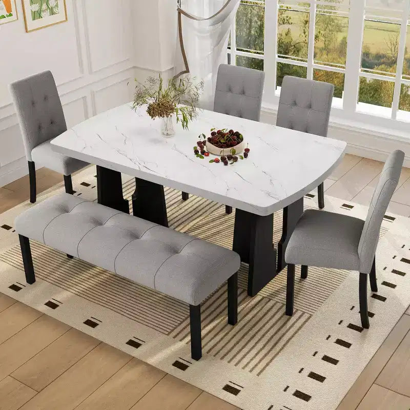 Set da Tavolo da Pranzo per 6 in Finto Marmo, Tavolo da Pranzo Rettangolare da 6 Pezzi con 4 Sedie Imbottite e 1 Panca per Sala da Pranzo