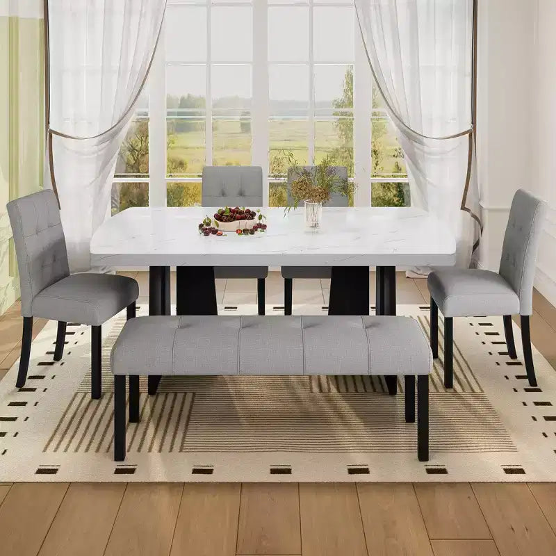 Set da Tavolo da Pranzo per 6 in Finto Marmo, Tavolo da Pranzo Rettangolare da 6 Pezzi con 4 Sedie Imbottite e 1 Panca per Sala da Pranzo