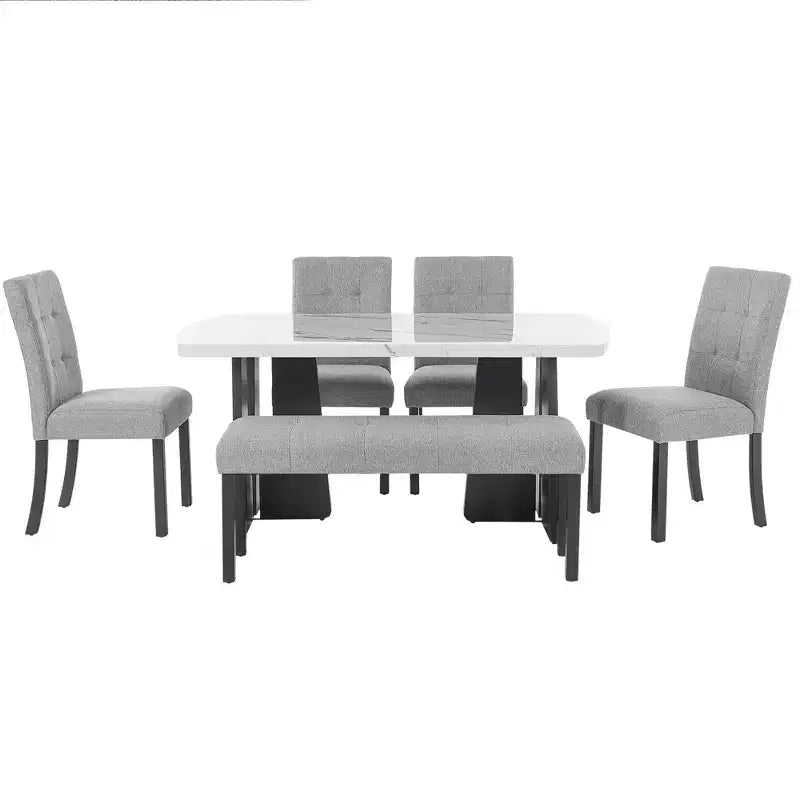Set da Tavolo da Pranzo per 6 in Finto Marmo, Tavolo da Pranzo Rettangolare da 6 Pezzi con 4 Sedie Imbottite e 1 Panca per Sala da Pranzo