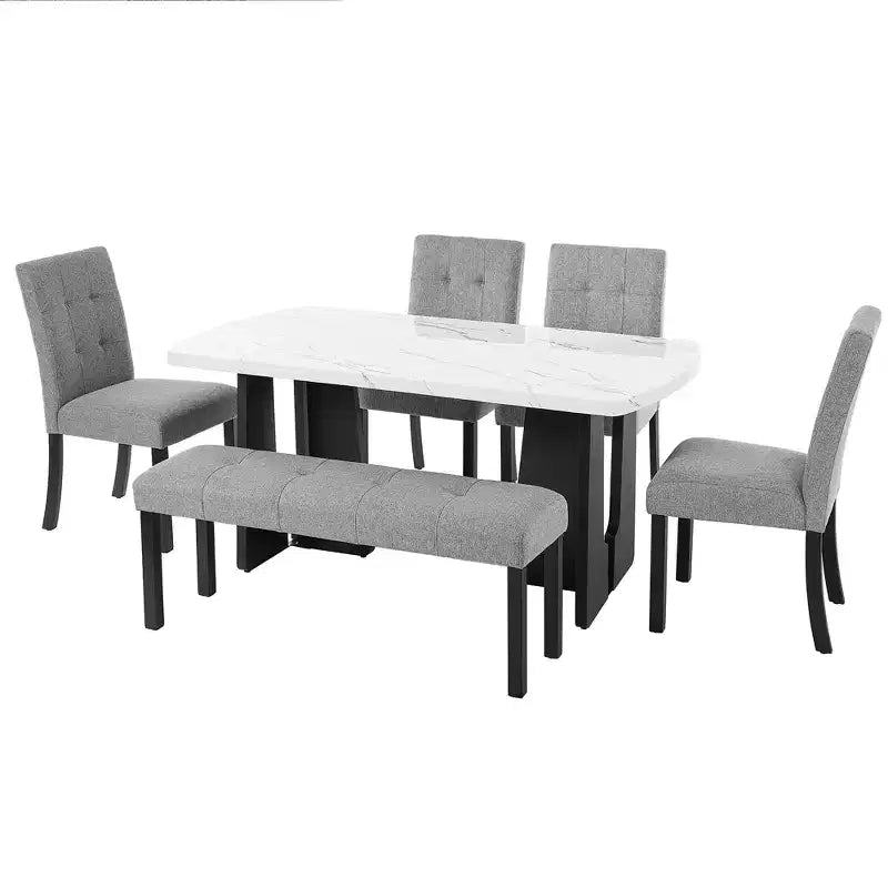 Set da Tavolo da Pranzo per 6 in Finto Marmo, Tavolo da Pranzo Rettangolare da 6 Pezzi con 4 Sedie Imbottite e 1 Panca per Sala da Pranzo