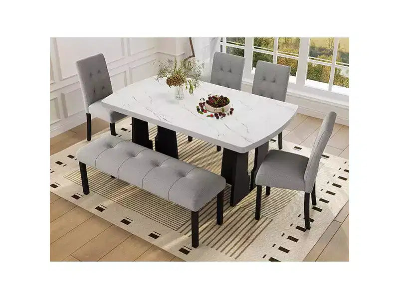 Set da Tavolo da Pranzo per 6 in Finto Marmo, Tavolo da Pranzo Rettangolare da 6 Pezzi con 4 Sedie Imbottite e 1 Panca per Sala da Pranzo