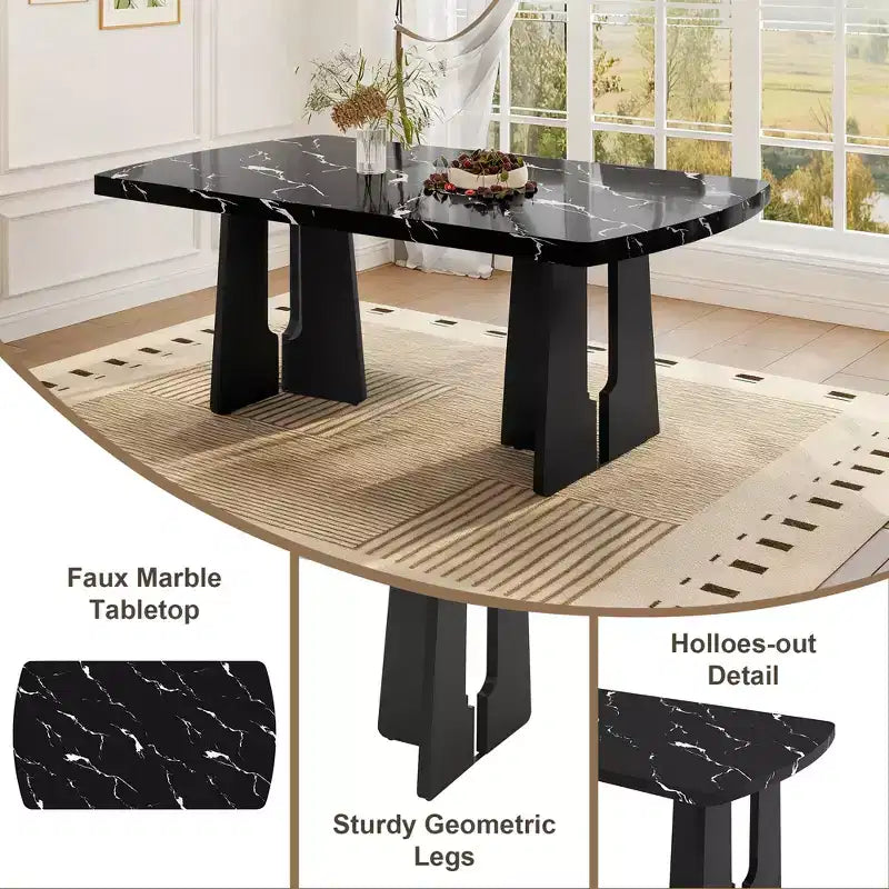 Set da Tavolo da Pranzo per 6 in Finto Marmo, Tavolo da Pranzo Rettangolare da 6 Pezzi con 4 Sedie Imbottite e 1 Panca per Sala da Pranzo