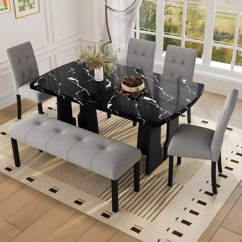 Set da Tavolo da Pranzo per 6 in Finto Marmo, Tavolo da Pranzo Rettangolare da 6 Pezzi con 4 Sedie Imbottite e 1 Panca per Sala da Pranzo