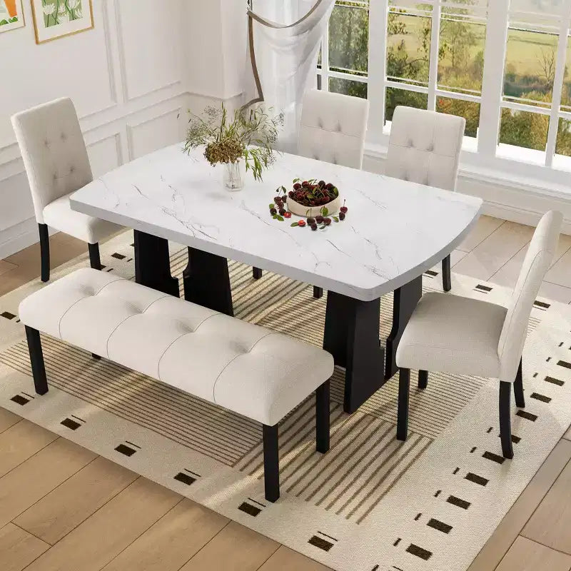 Set da Tavolo da Pranzo per 6 in Finto Marmo, Tavolo da Pranzo Rettangolare da 6 Pezzi con 4 Sedie Imbottite e 1 Panca per Sala da Pranzo