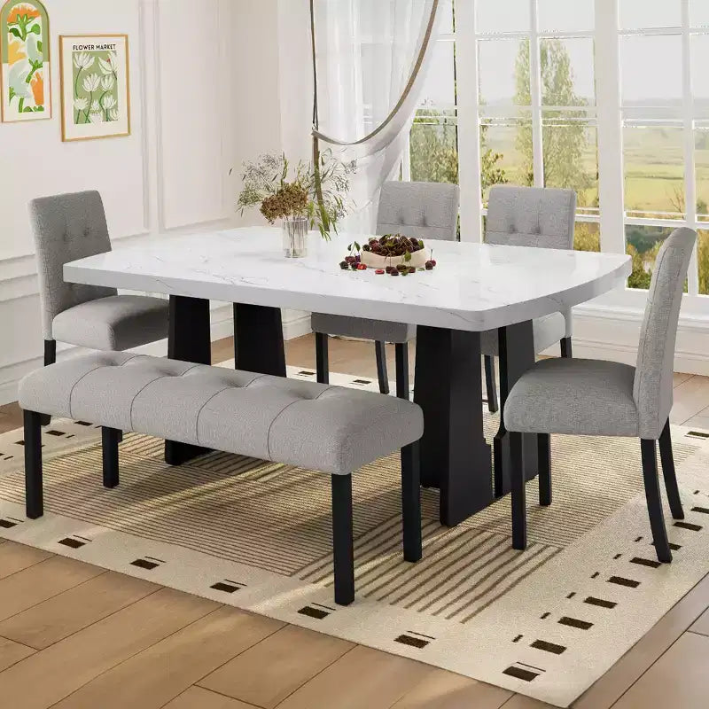Set da Tavolo da Pranzo per 6 in Finto Marmo, Tavolo da Pranzo Rettangolare da 6 Pezzi con 4 Sedie Imbottite e 1 Panca per Sala da Pranzo