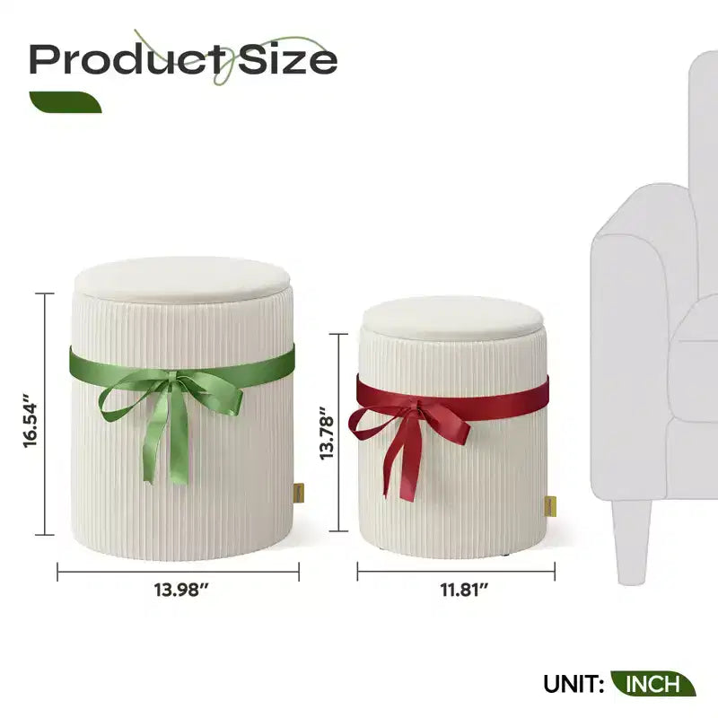 Pouf rotondo con contenitore set da 2, Pouf tavolino, Sgabello da trucco in velluto a coste per camera da letto, Poggiapiedi per soggiorno