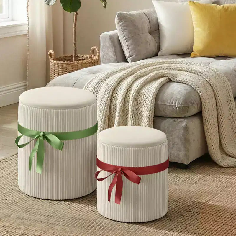 Pouf rotondo con contenitore set da 2, Pouf tavolino, Sgabello da trucco in velluto a coste per camera da letto, Poggiapiedi per soggiorno