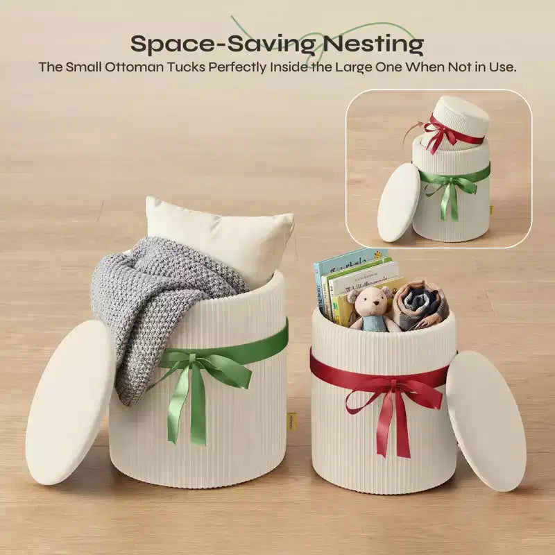 Pouf rotondo con contenitore set da 2, Pouf tavolino, Sgabello da trucco in velluto a coste per camera da letto, Poggiapiedi per soggiorno