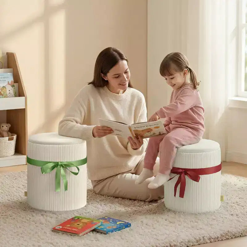 Pouf rotondo con contenitore set da 2, Pouf tavolino, Sgabello da trucco in velluto a coste per camera da letto, Poggiapiedi per soggiorno