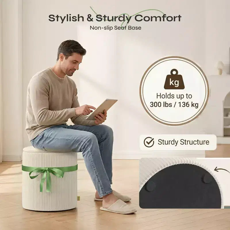 Pouf rotondo con contenitore set da 2, Pouf tavolino, Sgabello da trucco in velluto a coste per camera da letto, Poggiapiedi per soggiorno