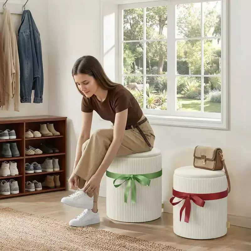 Pouf rotondo con contenitore set da 2, Pouf tavolino, Sgabello da trucco in velluto a coste per camera da letto, Poggiapiedi per soggiorno