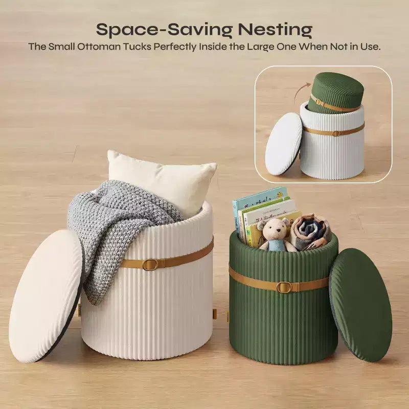 Pouf rotondo con contenitore set da 2, Pouf tavolino, Sgabello da trucco in velluto a coste per camera da letto, Poggiapiedi per soggiorno