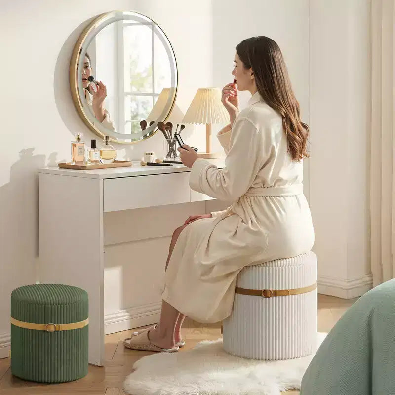 Pouf rotondo con contenitore set da 2, Pouf tavolino, Sgabello da trucco in velluto a coste per camera da letto, Poggiapiedi per soggiorno