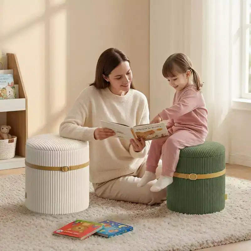 Pouf rotondo con contenitore set da 2, Pouf tavolino, Sgabello da trucco in velluto a coste per camera da letto, Poggiapiedi per soggiorno