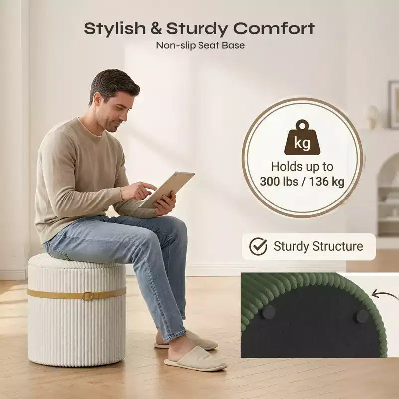 Pouf rotondo con contenitore set da 2, Pouf tavolino, Sgabello da trucco in velluto a coste per camera da letto, Poggiapiedi per soggiorno