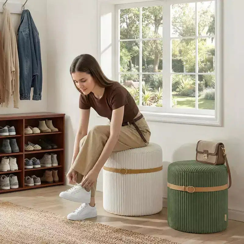 Pouf rotondo con contenitore set da 2, Pouf tavolino, Sgabello da trucco in velluto a coste per camera da letto, Poggiapiedi per soggiorno