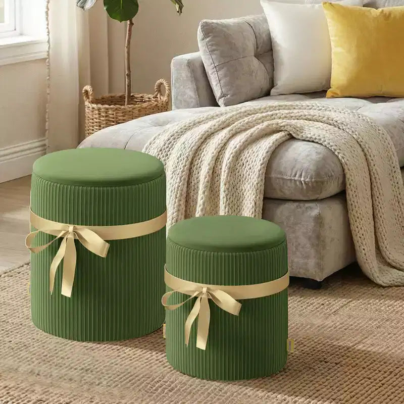 Pouf rotondo con contenitore set da 2, Pouf tavolino, Sgabello da trucco in velluto a coste per camera da letto, Poggiapiedi per soggiorno