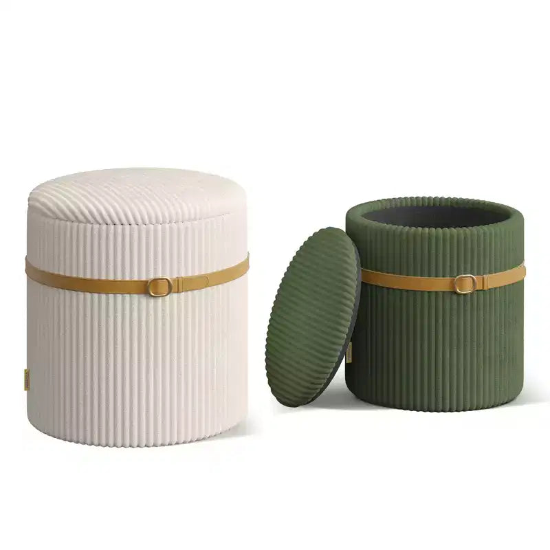 Pouf rotondo con contenitore set da 2, Pouf tavolino, Sgabello da trucco in velluto a coste per camera da letto, Poggiapiedi per soggiorno